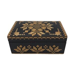 Vintage USSR Russian Straw Marquetry Wood Box Star Folk Art Jewelry Trinket 5"